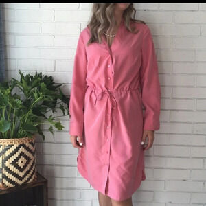 Soft Surroundings Peach/Coral Front Button Up Shirt Dress Roll Tab Sleeves Sz M.